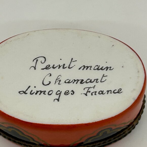 Limoges Oval Trinket Box Handprinted in France Brass Accents Orange-Black Design - Picture 16 of 16